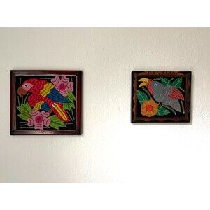 (2) VTG Wood Framed Kuna Mola Handstitched Applique Folk Art Bird Parrot Panama